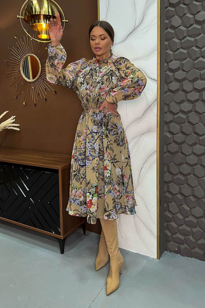 Демисезонное бежевое шифоновое платье с принтом Pavlova 151 цветы - фото 4