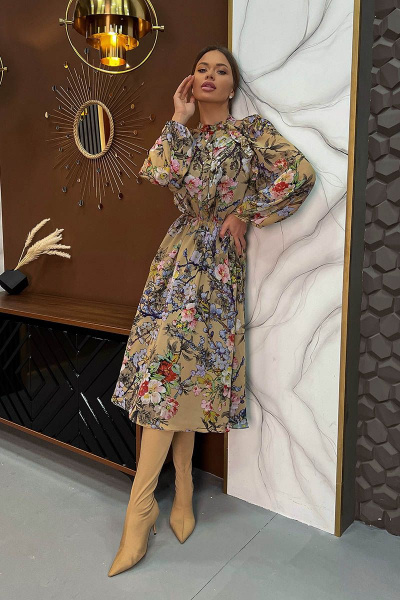 Демисезонное бежевое шифоновое платье с принтом Pavlova 151 цветы - фото 3