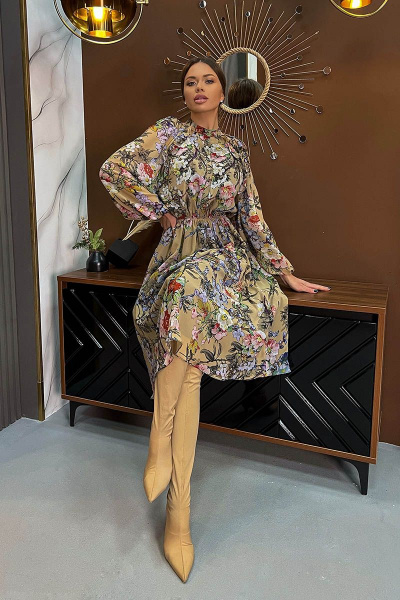 Демисезонное бежевое шифоновое платье с принтом Pavlova 151 цветы - фото 2