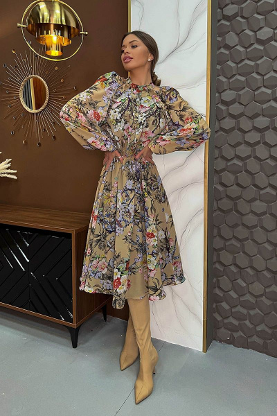 Демисезонное бежевое шифоновое платье с принтом Pavlova 151 цветы - фото 1