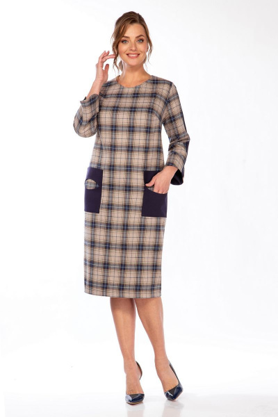 Платье из текстиля с контрастными карманами и рукавом Belinga 1207 клетка - фото 1