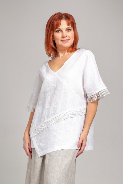 Туника прямого силуэта из льна с кружевной отделкой Соджи 547 белый - фото 9