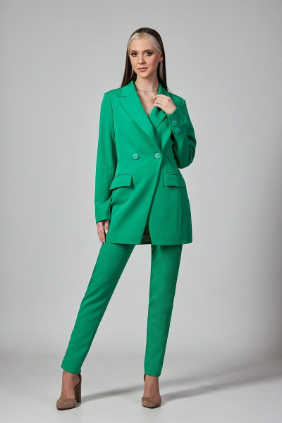 Демисезонный костюмный брючный костюм зеленый в деловом стиле Rosheli 896 - фото 1