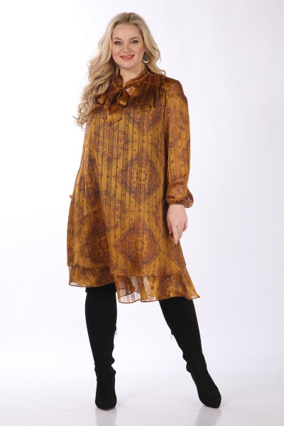 Нарядное шифоновое платье с воланом и кокеткой, длина по спине 110 см Celentano 1990.2 охра - фото 1