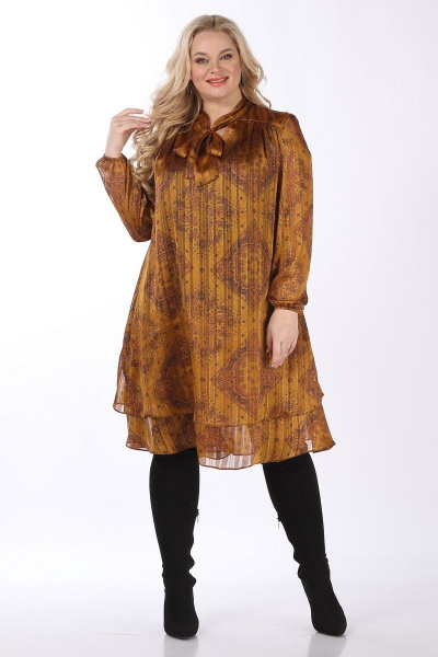 Нарядное шифоновое платье с воланом и кокеткой, длина по спине 110 см Celentano 1990.2 охра - фото 2