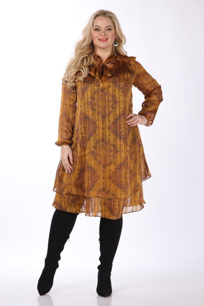 Нарядное шифоновое платье с воланом и кокеткой, длина по спине 110 см Celentano 1990.2 охра - фото 3