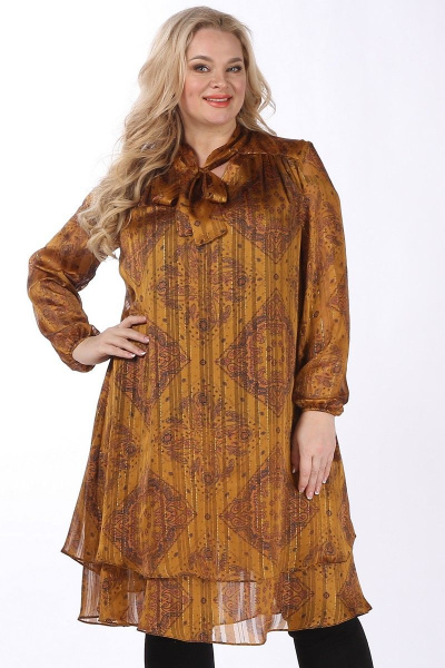 Нарядное шифоновое платье с воланом и кокеткой, длина по спине 110 см Celentano 1990.2 охра - фото 4