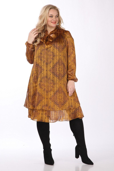 Нарядное шифоновое платье с воланом и кокеткой, длина по спине 110 см Celentano 1990.2 охра - фото 6