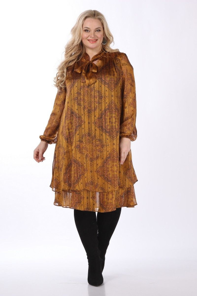 Нарядное шифоновое платье с воланом и кокеткой, длина по спине 110 см Celentano 1990.2 охра - фото 7