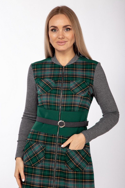 Платье с колоколом из текстиля с шифоновыми рукавами Lady Style Classic 908 серый_с_зеленым - фото 3