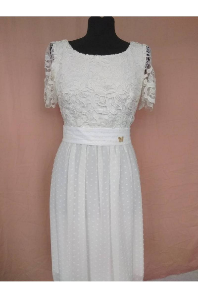 Белое платье с кружевом и шифоном на подкладке Pama Style 702 молочный - фото 1