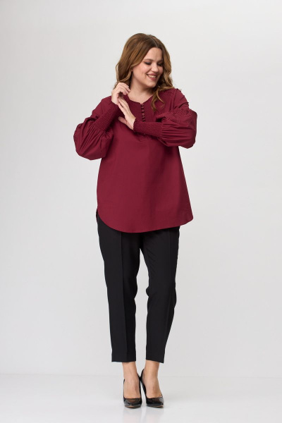 Блуза женская из хлопка с художественной вышивкой и классическими брюками SandyNa 130516 винно-черный - фото 10