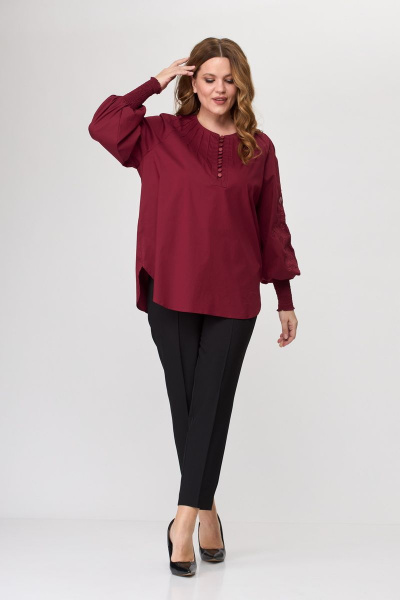 Блуза женская из хлопка с художественной вышивкой и классическими брюками SandyNa 130516 винно-черный - фото 9