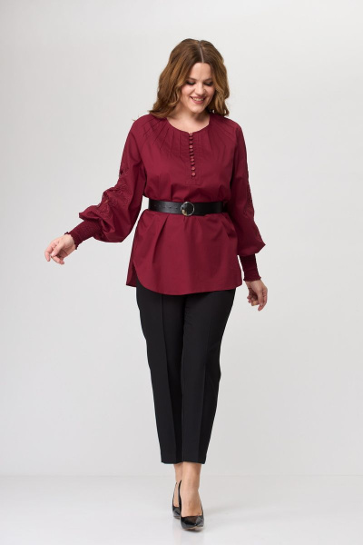 Блуза женская из хлопка с художественной вышивкой и классическими брюками SandyNa 130516 винно-черный - фото 6