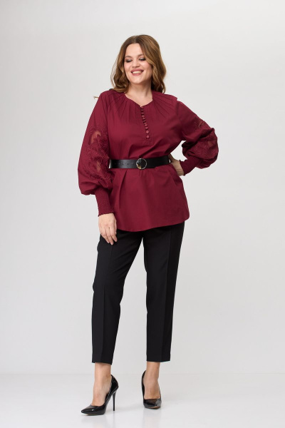 Блуза женская из хлопка с художественной вышивкой и классическими брюками SandyNa 130516 винно-черный - фото 5
