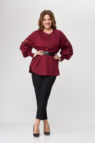 Блуза женская из хлопка с художественной вышивкой и классическими брюками SandyNa 130516 винно-черный - фото 4