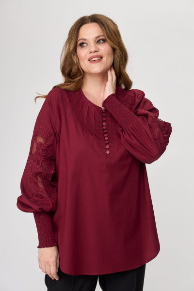 Блуза женская из хлопка с художественной вышивкой и классическими брюками SandyNa 130516 винно-черный - фото 2