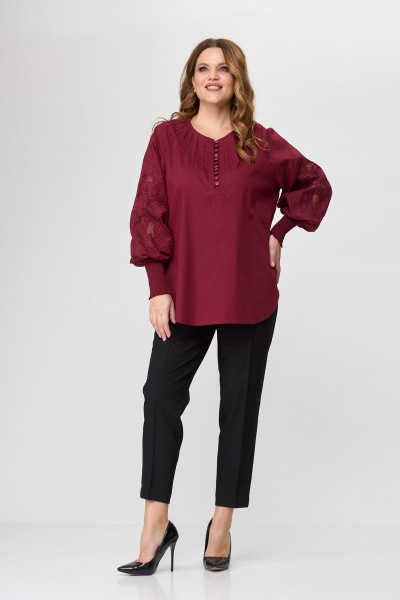 Блуза женская из хлопка с художественной вышивкой и классическими брюками SandyNa 130516 винно-черный - фото 1