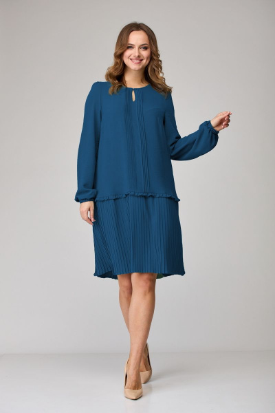 Платье свободного силуэта из модной ткани с защипами SandyNa 130109 морская волна - фото 3