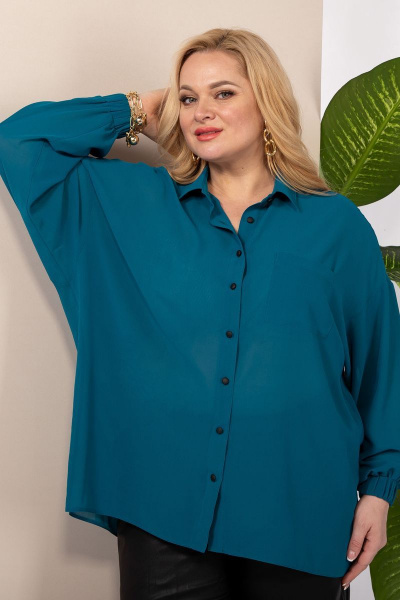 Демисезонная бирюзовая блуза со спущенным плечом и резинкой Anastasia 963 морская_волна - фото 4
