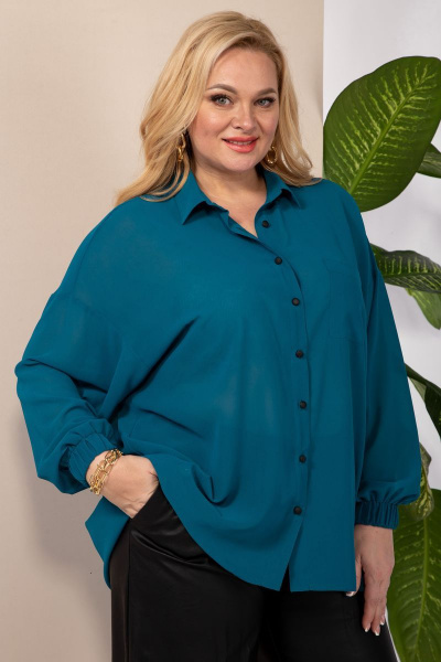 Демисезонная бирюзовая блуза со спущенным плечом и резинкой Anastasia 963 морская_волна - фото 3