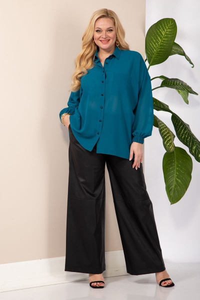 Демисезонная бирюзовая блуза со спущенным плечом и резинкой Anastasia 963 морская_волна - фото 1