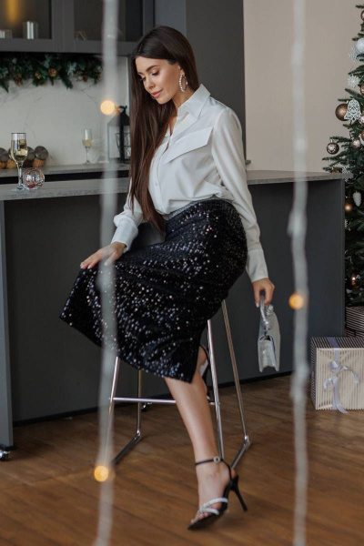 Юбка короткая в пайетки с ярким поясом для праздника Ivera 4026 черный - фото 3