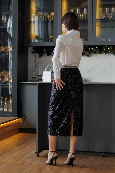 Юбка короткая в пайетки с ярким поясом для праздника Ivera 4026 черный - фото 2