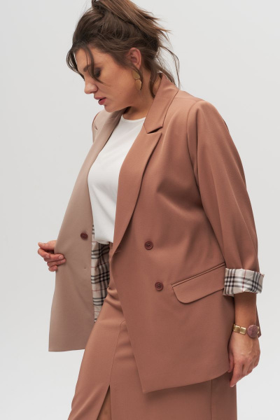 Демисезонный двубортный жакет с прорезными карманами и лацканами Anelli 1315 бежевый+капучино - фото 5