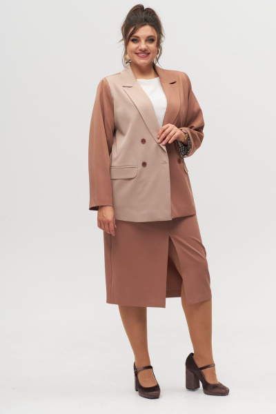 Демисезонный двубортный жакет с прорезными карманами и лацканами Anelli 1315 бежевый+капучино - фото 4