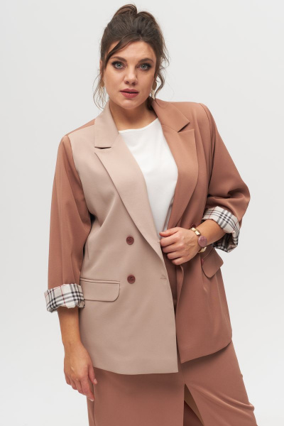Демисезонный двубортный жакет с прорезными карманами и лацканами Anelli 1315 бежевый+капучино - фото 1
