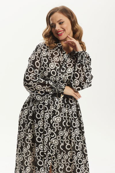 Платье шифоновое миди с воротником и ремнем Condra 4372 черно-белый - фото 10