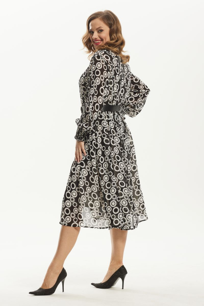 Платье шифоновое миди с воротником и ремнем Condra 4372 черно-белый - фото 7