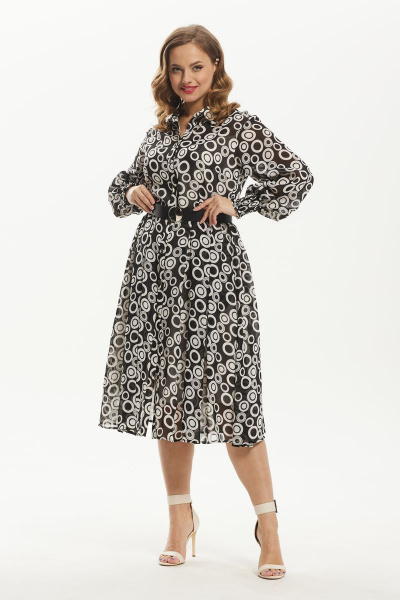 Платье шифоновое миди с воротником и ремнем Condra 4372 черно-белый - фото 6