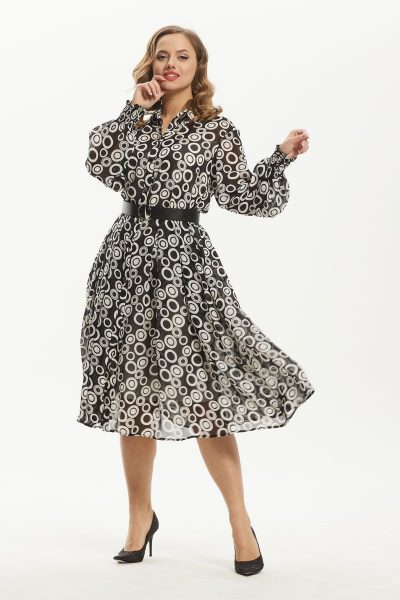 Платье шифоновое миди с воротником и ремнем Condra 4372 черно-белый - фото 4