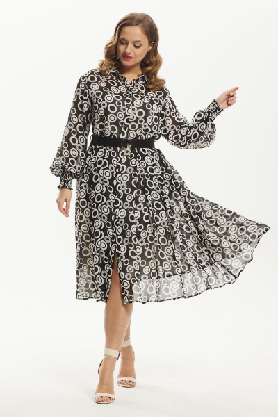 Платье шифоновое миди с воротником и ремнем Condra 4372 черно-белый - фото 3