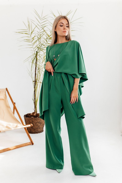 Зеленый костюм из текстиля с блузкой-трапис и брюками палаццо Ambera Style 2016N нефрит - фото 4