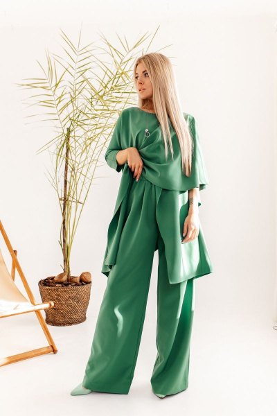Зеленый костюм из текстиля с блузкой-трапис и брюками палаццо Ambera Style 2016N нефрит - фото 3
