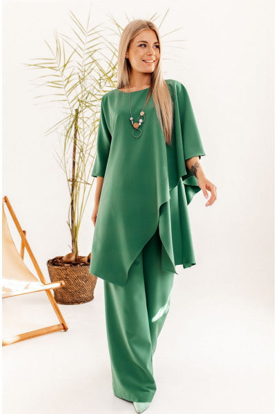 Зеленый костюм из текстиля с блузкой-трапис и брюками палаццо Ambera Style 2016N нефрит - фото 1