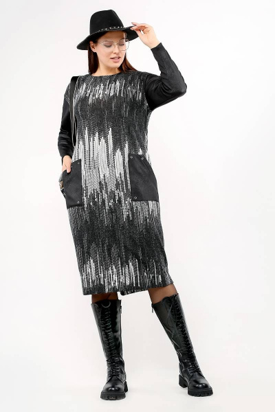 Платье прямое с карманами и комбинированной тканью La rouge 5411 черно-белый-набивной - фото 4