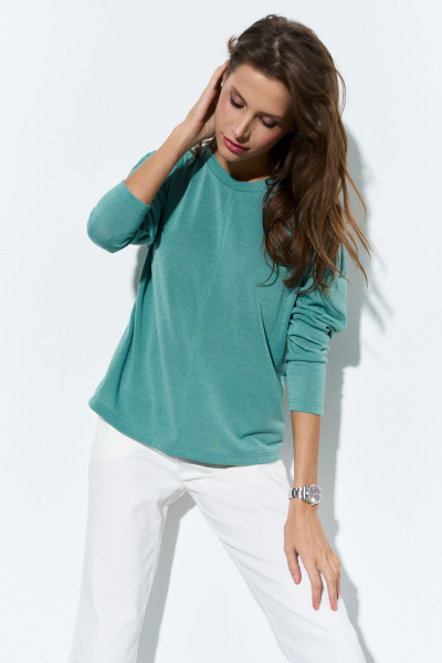 Джемпер из трикотажа свободный летний с круглым вырезом Luitui R5047 бирюзовый - фото 3