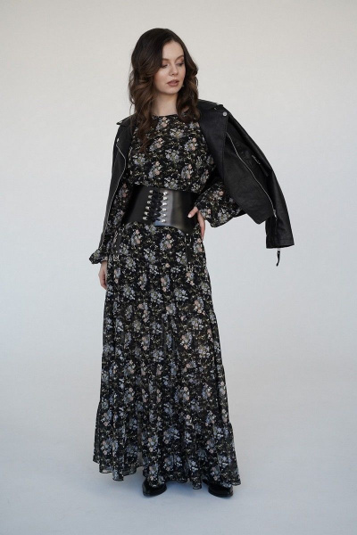 Платье из шифона с отрезной талией и юбкой-своланами BARBARA B153 черный/цветы - фото 7