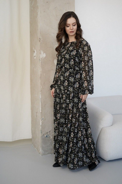 Платье из шифона с отрезной талией и юбкой-своланами BARBARA B153 черный/цветы - фото 1
