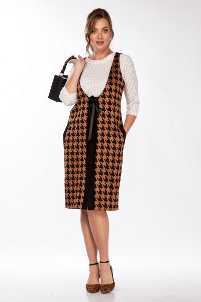 Трикотажный сарафан с воротом и гипюровыми вставками Belinga 1209 рыжий - фото 2