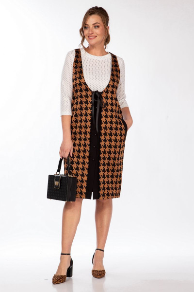 Трикотажный сарафан с воротом и гипюровыми вставками Belinga 1209 рыжий - фото 1