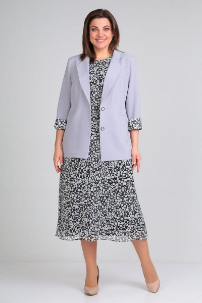 Демисезонный комплект жакет и платье из текстиля Viola Style 5497 серый_-_черно-белый - фото 3