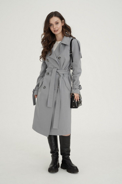 Демисезонный серый плащ на подкладке с капюшоном и поясом LadisLine 1419 серо-голубой - фото 6