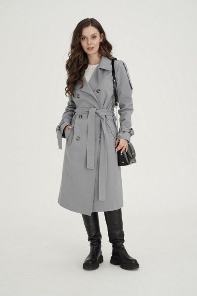 Демисезонный серый плащ на подкладке с капюшоном и поясом LadisLine 1419 серо-голубой - фото 3