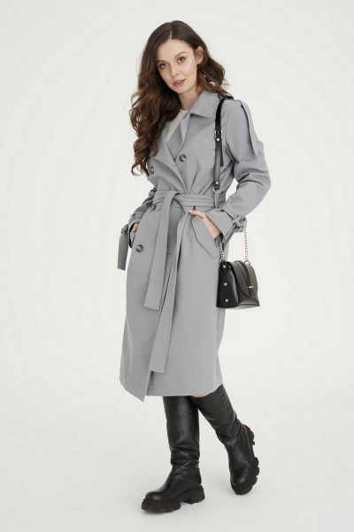 Демисезонный серый плащ на подкладке с капюшоном и поясом LadisLine 1419 серо-голубой - фото 1