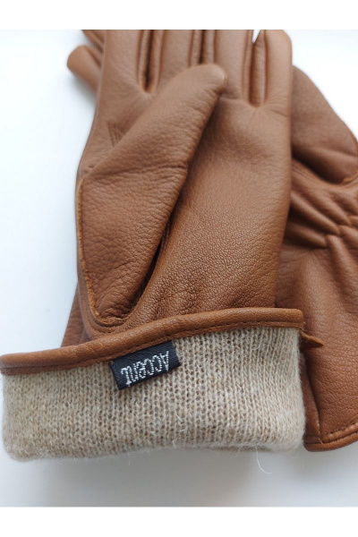 Коричневые кожаные перчатки с шерстяной отделкой на демисезон ACCENT 917 коньяк - фото 2
